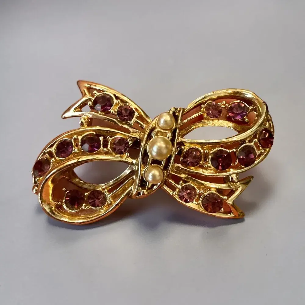 Vintage Purple Rhinestone Crystal Brooch Pin Bow Faux Pearls Feminine